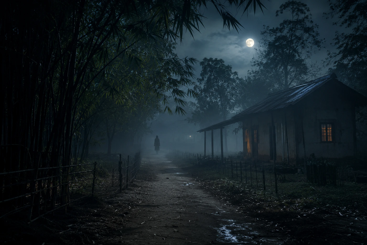 চাঁদের ম্লান আলো, ঘন কুয়াশা আর দূরের রহস্যময় ছায়া—গ্রামবাংলার লোককথার আবহ যেন জীবন্ত হয়ে উঠেছে এই রাতের দৃশ্যে।