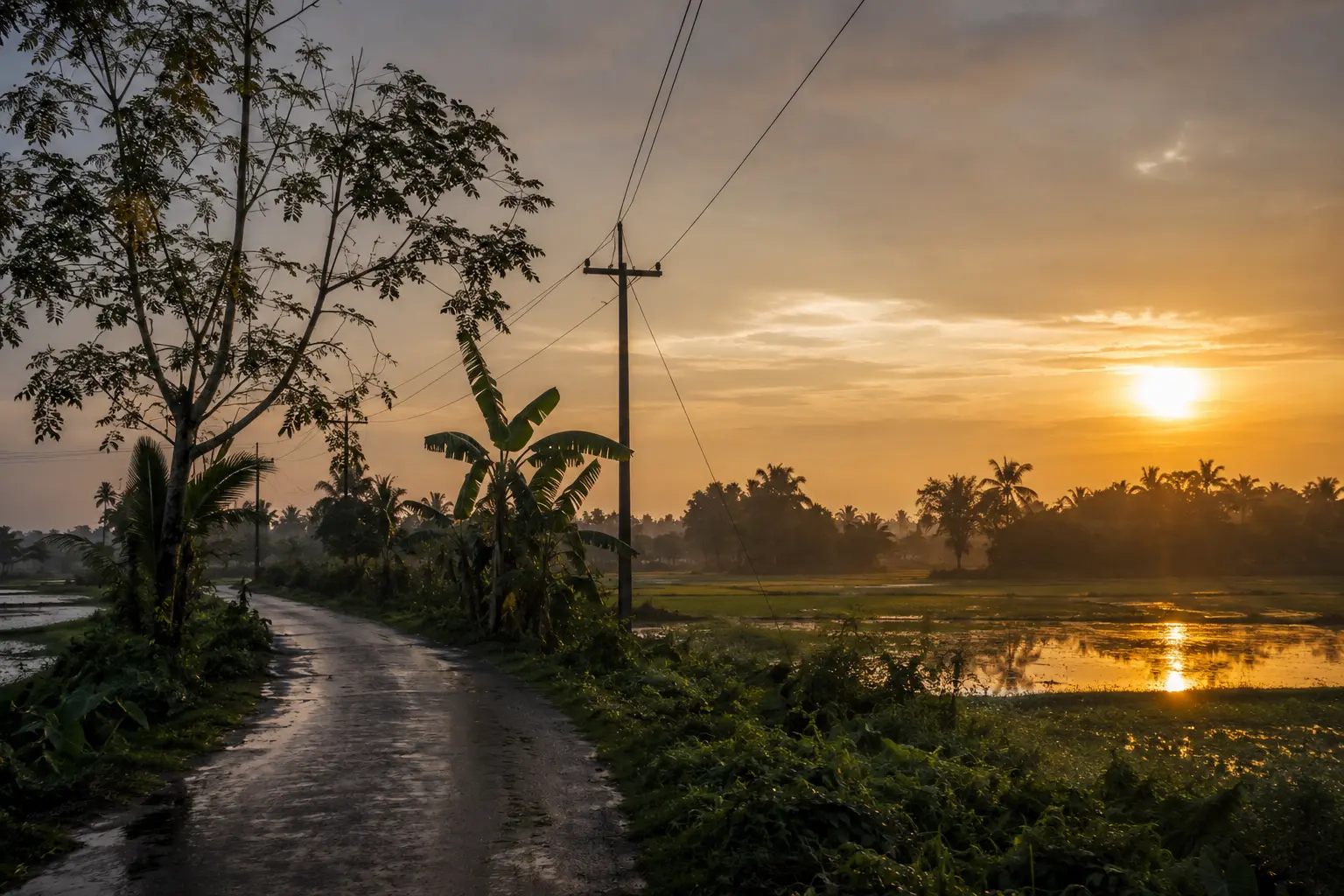 ভোরের আলোয় শান্ত বাংলার গ্রাম